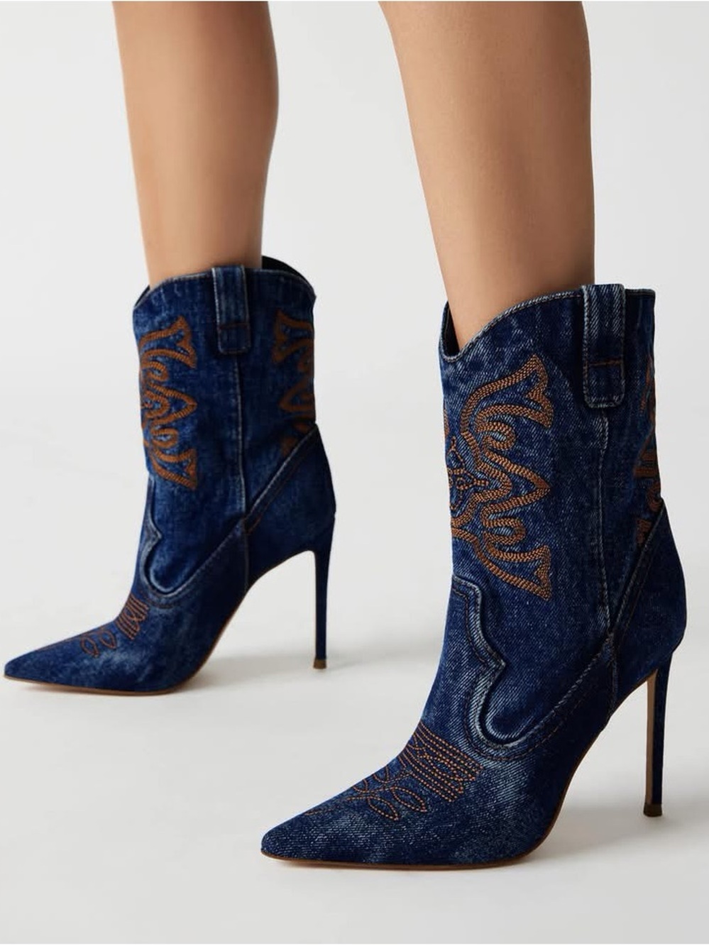 Steve Madden | Venezia Dark Blue Denim Embroidered Stiletto Boots | NIB | 9